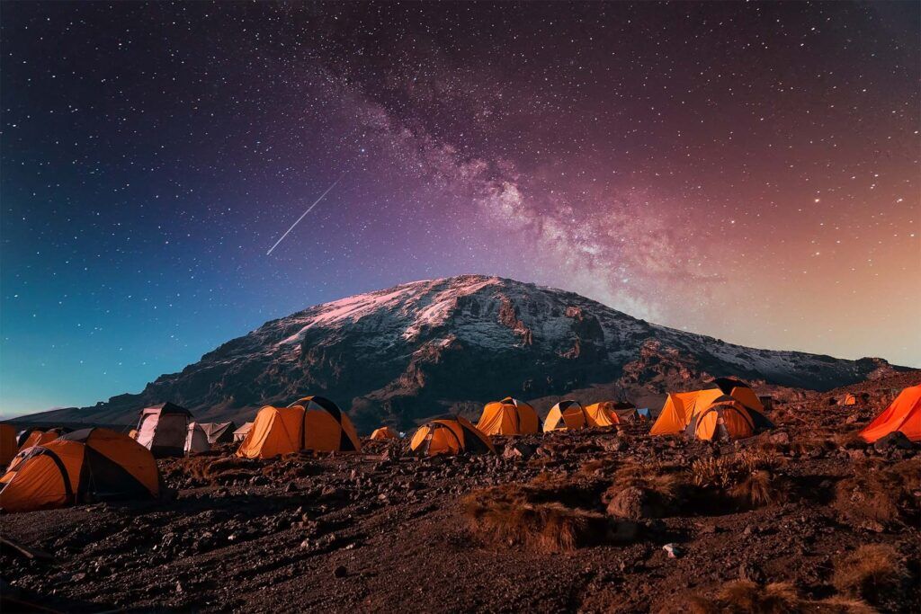 Kilimanjaro tent camp with the milky way in the sky