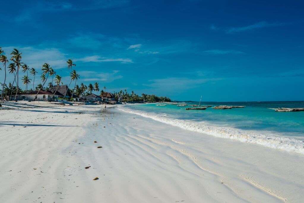 White sandy beach of Jambiani with Palms and the Indian Ocean with boats