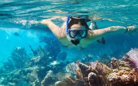 Woman with snorkel and diving goggles under water close to corals