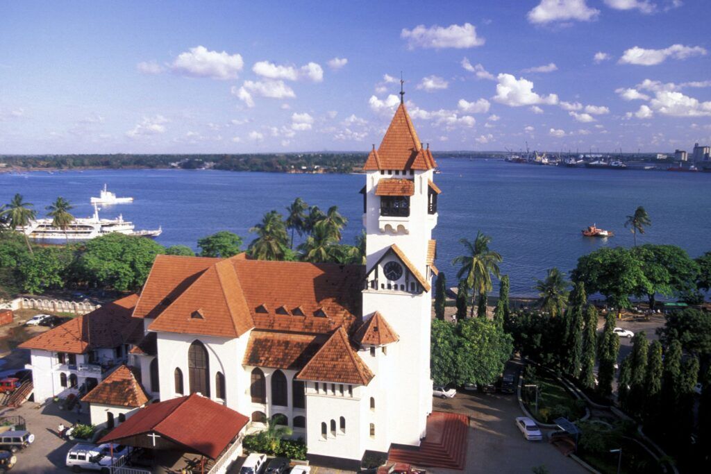 Curch in Car es Salaam, Tanzania, with the see in the background