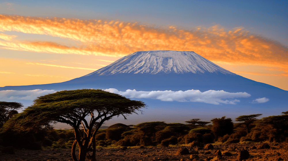 Uhuru Peak of Mount Kilimanjaro with acacia trees