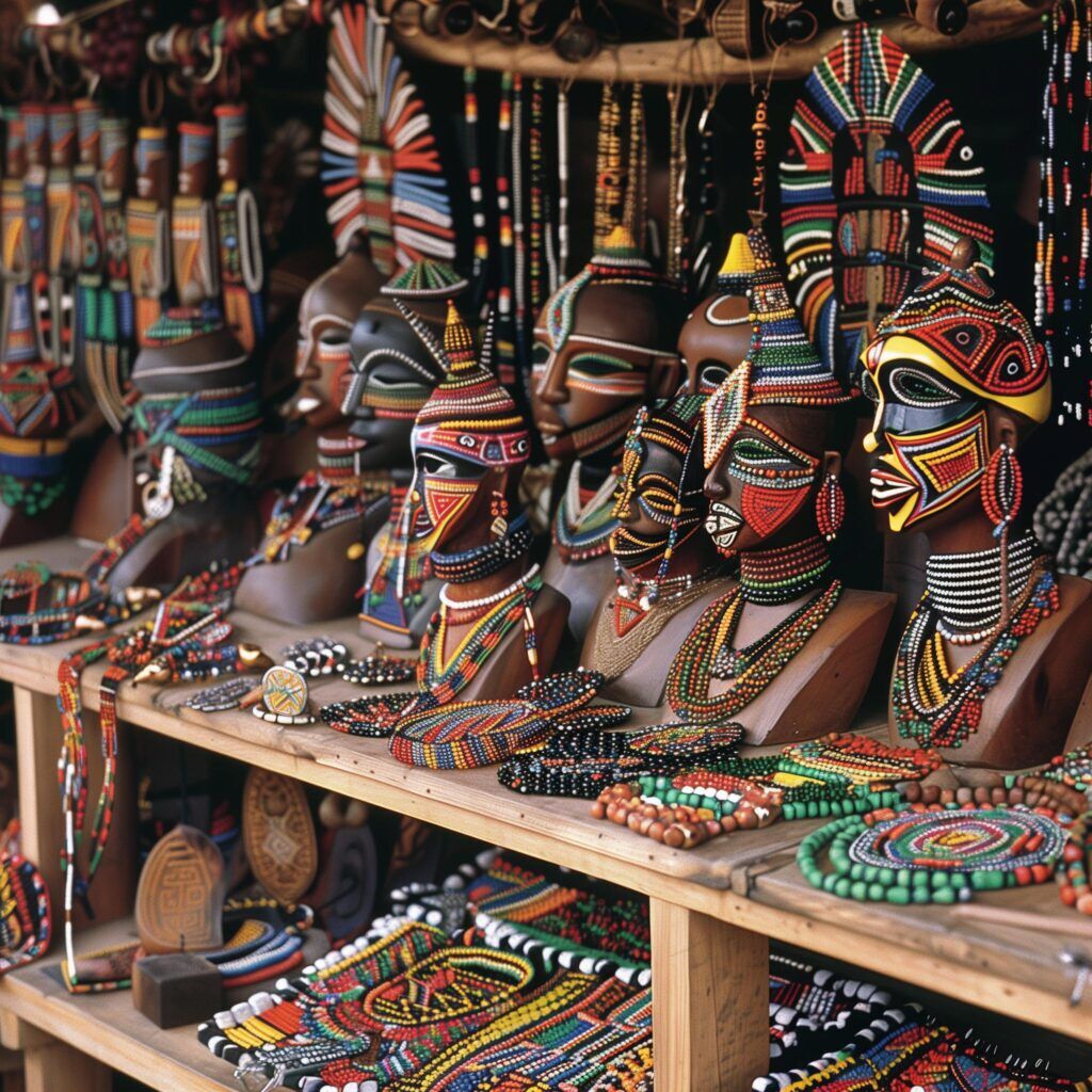 Several Maasai sculptures and masks and jewellery on a wooden shelf