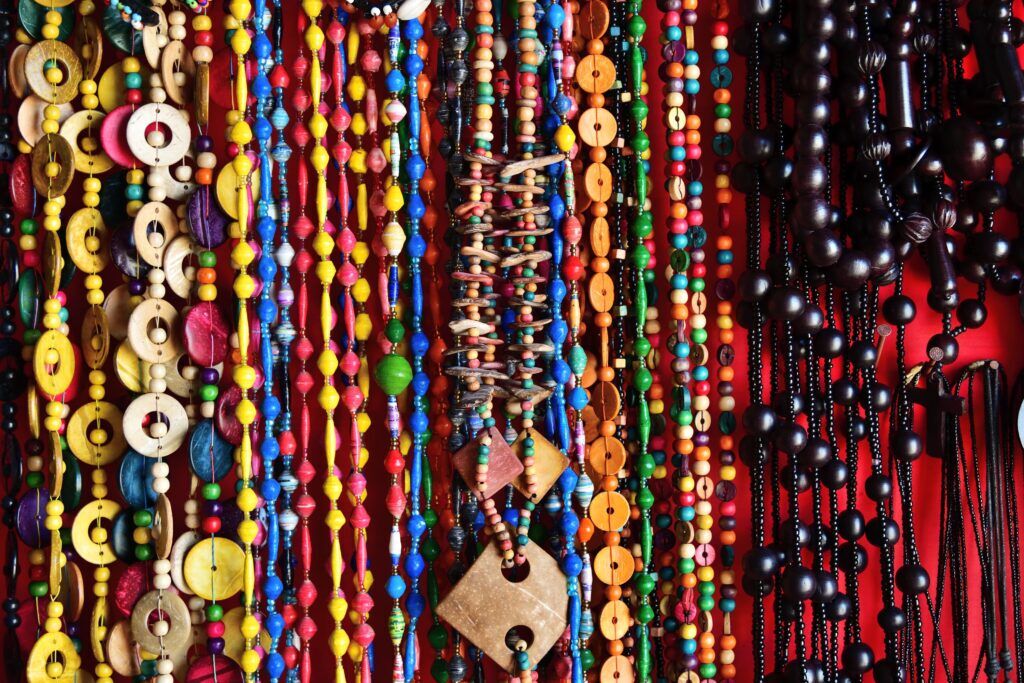 Colourful Tanzanian jewellery with beads and wooden features